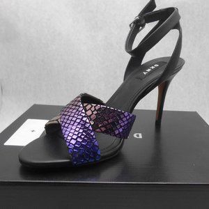 DKNY Ivy Iridescent Snake Print Leather Strappy Heels Sandals w/ Ankle Strap